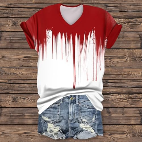 515wnzd67gl. ac 1.jpg Generisch Halloween Damen Kurzarm Blutiges Witzig Trendy Blutspritzer Horror T-Shirts Kürbis-Fledermaus-Print Oberteil