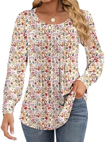 516g3iuzkcl. ac 1.jpg Cuptacc Damen Langarmshirt Falten Rundhals Puffärmel Mit Knöpfen Locker Longshirt Elegant Oberteile OEKO-TEX STANDARD 10