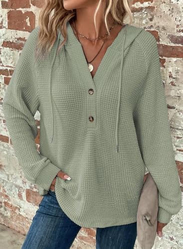 517r3boca6l. ac .jpg Cuptacc Hoodie Damen Waffel Locker Kapuzenpullover Mit Knopfleiste V-Ausschnitt Langarm Pullover Für Damen Mit Kapuze