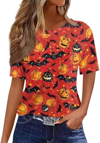 518gp88n6hl. ac 1.jpg Generisch Halloween Damen Kurzarm Blutiges Witzig Trendy Blutspritzer Horror T-Shirts Kürbis-Fledermaus-Print Oberteil