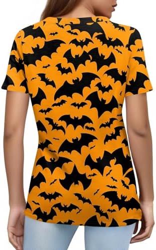 5198hbr0lol. ac 1.jpg Generisch Halloween Damen Kurzarm Blutiges Witzig Trendy Blutspritzer Horror T-Shirts Kürbis-Fledermaus-Print Oberteil