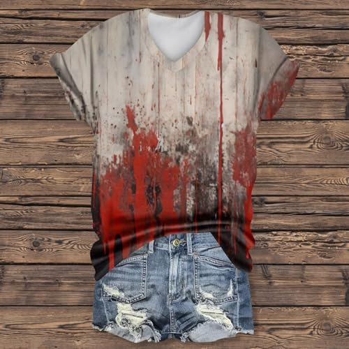 519jncfbpl. ac 1.jpg Generisch Halloween Damen Kurzarm Blutiges Witzig Trendy Blutspritzer Horror T-Shirts Kürbis-Fledermaus-Print Oberteil