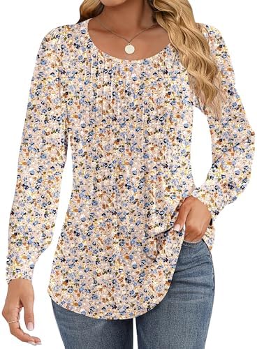51amtds7hul. ac 1.jpg Cuptacc Damen Langarmshirt Falten Rundhals Puffärmel Mit Knöpfen Locker Longshirt Elegant Oberteile OEKO-TEX STANDARD 10