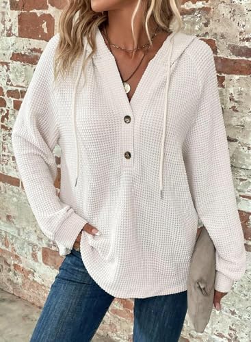 51ba2wcytgl. ac .jpg Cuptacc Hoodie Damen Waffel Locker Kapuzenpullover Mit Knopfleiste V-Ausschnitt Langarm Pullover Für Damen Mit Kapuze