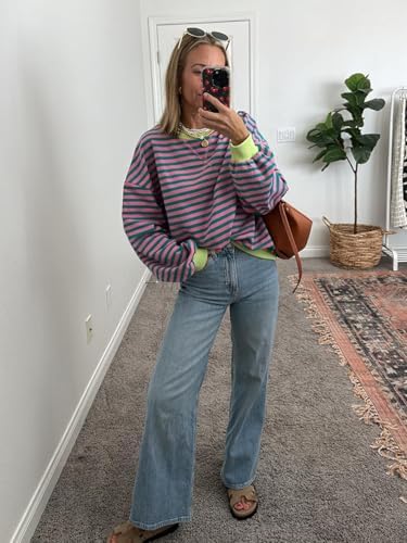 51be1j23jel. ac .jpg IFFEI Oversized Sweatshirt Damen Herbst Gestreifter Langarmshirts Lässig Y2K Top Shirt