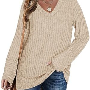 PLOKNRD Warme Winter Pullover Damen Oversize V-Ausschnitt Lightweight Langarm Oberteile