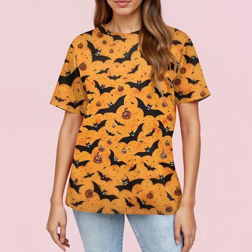51dvwe7dl4l. ac 1.jpg Generisch Halloween Damen Kurzarm Blutiges Witzig Trendy Blutspritzer Horror T-Shirts Kürbis-Fledermaus-Print Oberteil