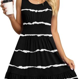 Yommay Damen Elegant Sommer Kleider Kurze Ärmelloses Strandkleid U-Ausschnitt