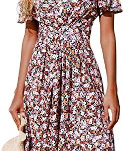 CUPSHE Damen Sommerkleid V-Ausschnitt Mini Dress Blümchenmuster Kurzarm Freizeitkleid Strand