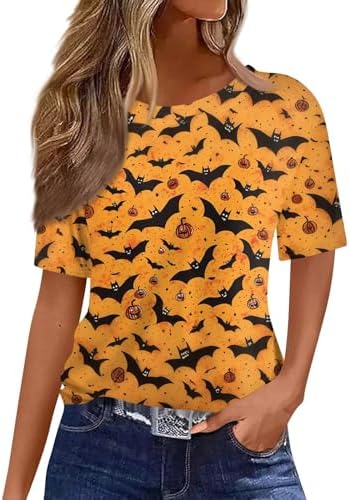 51fwho6wol. ac 1.jpg Generisch Halloween Damen Kurzarm Blutiges Witzig Trendy Blutspritzer Horror T-Shirts Kürbis-Fledermaus-Print Oberteil