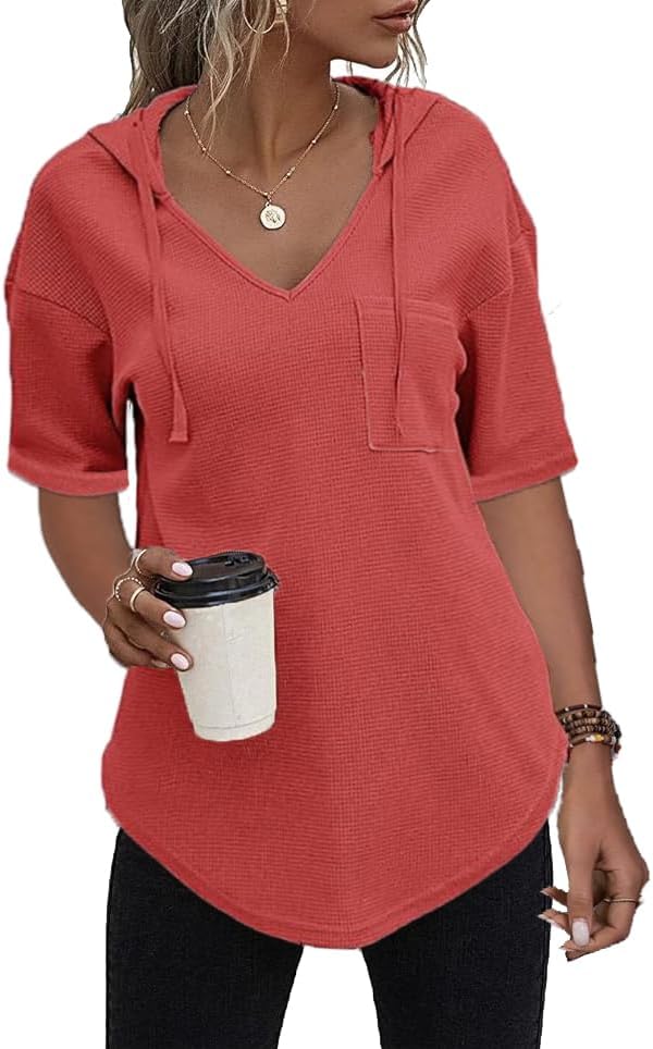 51hitqdtcsl. ac .jpg Cuptacc Einfarbigen Hoodie für Damen OEKO-TEX STANDARD 100 Langarm Sweatshirt V-Ausschnitt Drawstring Top