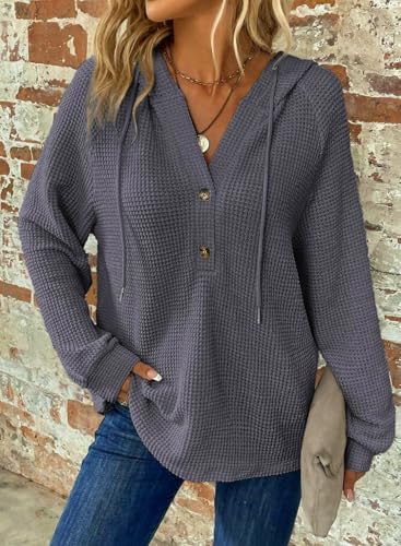 51jretrnsil. ac .jpg Cuptacc Hoodie Damen Waffel Locker Kapuzenpullover Mit Knopfleiste V-Ausschnitt Langarm Pullover Für Damen Mit Kapuze