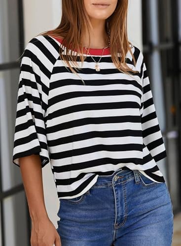 51kdex9ll6l. ac .jpg Chicrise Oversize Gestreiftes Sommer T-Shirt Damen OEKO-TEX STANDARD 100 Kurze Rundhals Top