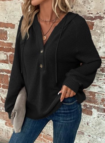 51lpdx5judl. ac .jpg Cuptacc Hoodie Damen Waffel Locker Kapuzenpullover Mit Knopfleiste V-Ausschnitt Langarm Pullover Für Damen Mit Kapuze