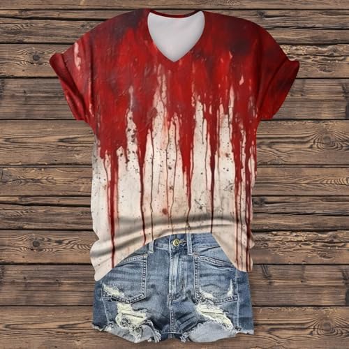 51lxzitw5yl. ac 1.jpg Generisch Halloween Damen Kurzarm Blutiges Witzig Trendy Blutspritzer Horror T-Shirts Kürbis-Fledermaus-Print Oberteil