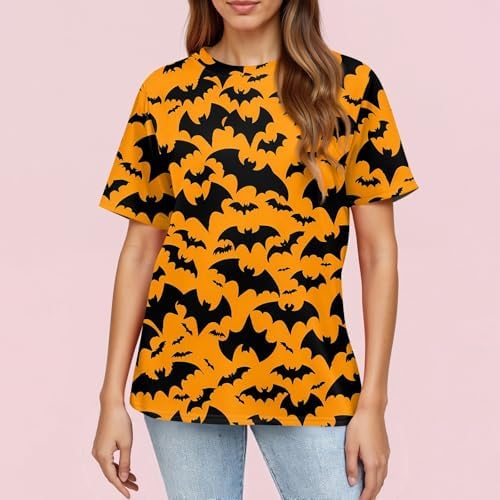 51nb2wuwvyl. ac 1.jpg Generisch Halloween Damen Kurzarm Blutiges Witzig Trendy Blutspritzer Horror T-Shirts Kürbis-Fledermaus-Print Oberteil