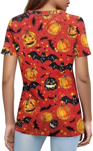 51nd6qrm8ql. ac 1.jpg Generisch Halloween Damen Kurzarm Blutiges Witzig Trendy Blutspritzer Horror T-Shirts Kürbis-Fledermaus-Print Oberteil