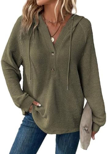 51o390csmil. ac .jpg Cuptacc Hoodie Damen Waffel Locker Kapuzenpullover Mit Knopfleiste V-Ausschnitt Langarm Pullover Für Damen Mit Kapuze