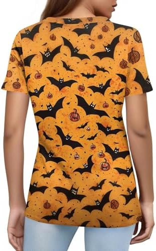51oopp8edl. ac 1.jpg Generisch Halloween Damen Kurzarm Blutiges Witzig Trendy Blutspritzer Horror T-Shirts Kürbis-Fledermaus-Print Oberteil