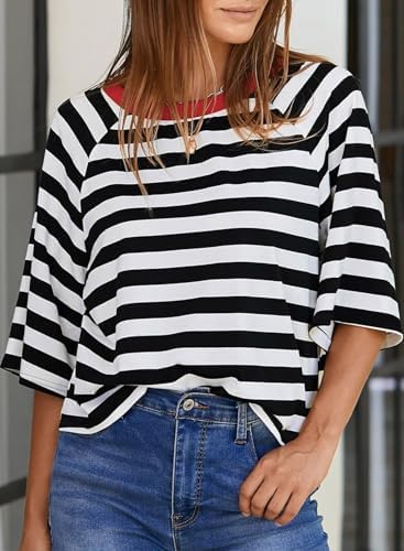 51pu9uaowdl. ac .jpg Chicrise Oversize Gestreiftes Sommer T-Shirt Damen OEKO-TEX STANDARD 100 Kurze Rundhals Top