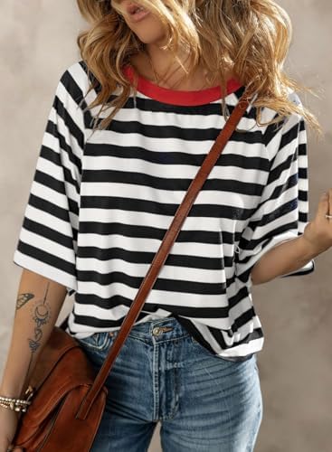 51sek6xc23l. ac .jpg Chicrise Oversize Gestreiftes Sommer T-Shirt Damen OEKO-TEX STANDARD 100 Kurze Rundhals Top