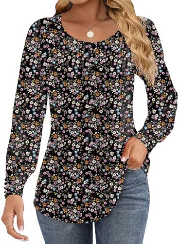 51spip4uucl. ac 1.jpg Cuptacc Damen Langarmshirt Falten Rundhals Puffärmel Mit Knöpfen Locker Longshirt Elegant Oberteile OEKO-TEX STANDARD 10