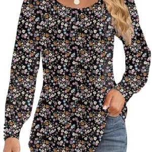 Cuptacc Langarmshirt Damen Falten Rundhals Puffärmel Mit Knöpfen Elegant Oberteile OEKO-TEX STANDARD 100