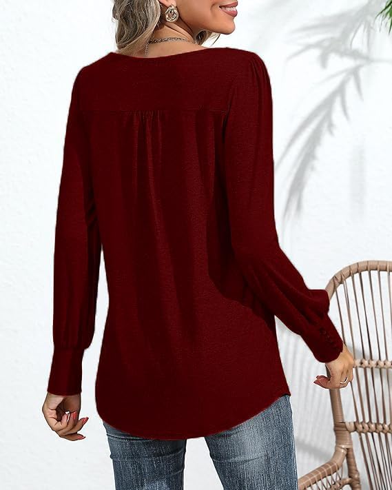 51srw9dd45l. ac 1.jpg Cuptacc Damen Langarmshirt Falten Rundhals Puffärmel Mit Knöpfen Locker Longshirt Elegant Oberteile OEKO-TEX STANDARD 10