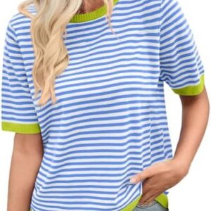 Lozssnigzi Striktes Damen T-Shirt Sommer Bluse Rundhals Tops Locker Baumwolle Pullover