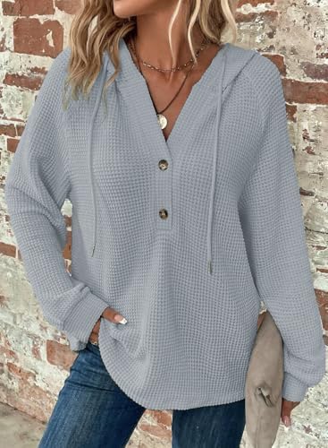 51thy89bmol. ac .jpg Cuptacc Hoodie Damen Waffel Locker Kapuzenpullover Mit Knopfleiste V-Ausschnitt Langarm Pullover Für Damen Mit Kapuze