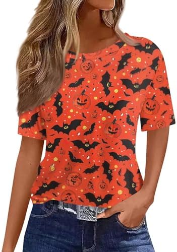 51uxo98fjvl. ac 1.jpg Generisch Halloween Damen Kurzarm Blutiges Witzig Trendy Blutspritzer Horror T-Shirts Kürbis-Fledermaus-Print Oberteil