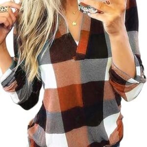Cuptacc Langarmshirt Damen Herbst Kariertes V-Ausschnitt Basic Langarm Shirt Casual Plaid Frauen Bluse OEKO-TEX STANDARD