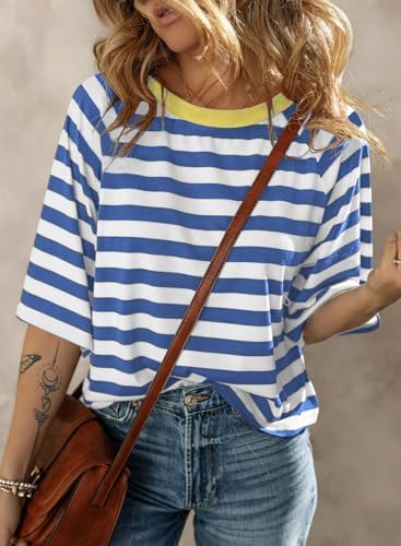 51vhl10iul. ac .jpg Chicrise Oversize Gestreiftes Sommer T-Shirt Damen OEKO-TEX STANDARD 100 Kurze Rundhals Top