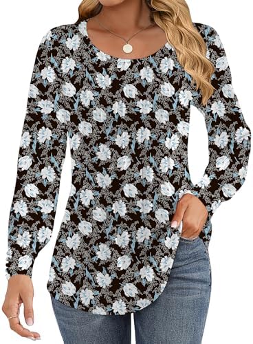 51yp7wzznel. ac 1.jpg Cuptacc Damen Langarmshirt Falten Rundhals Puffärmel Mit Knöpfen Locker Longshirt Elegant Oberteile OEKO-TEX STANDARD 10