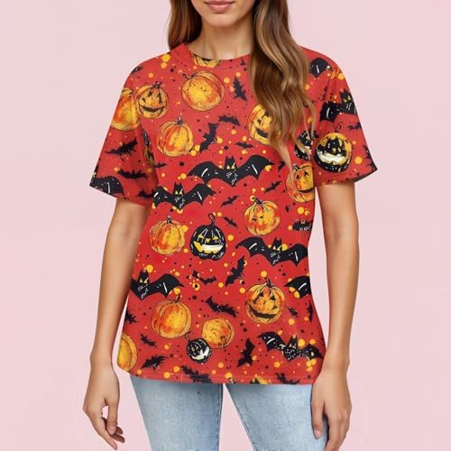 51ynvebjvbl. ac 1.jpg Generisch Halloween Damen Kurzarm Blutiges Witzig Trendy Blutspritzer Horror T-Shirts Kürbis-Fledermaus-Print Oberteil