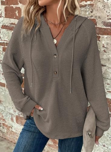 51yoryrgwsl. ac .jpg Cuptacc Hoodie Damen Waffel Locker Kapuzenpullover Mit Knopfleiste V-Ausschnitt Langarm Pullover Für Damen Mit Kapuze