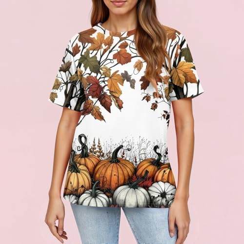 51z8de4tcal. ac 1.jpg Generisch Halloween Damen Kurzarm Blutiges Witzig Trendy Blutspritzer Horror T-Shirts Kürbis-Fledermaus-Print Oberteil