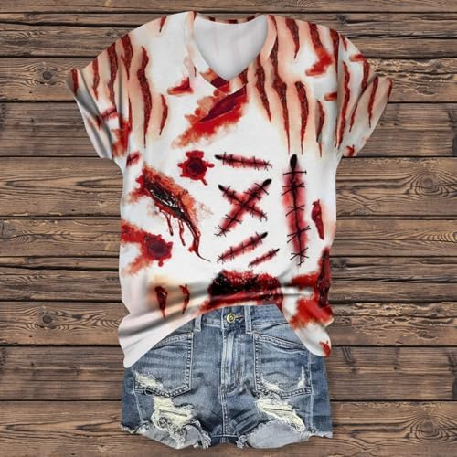 51ajw 9tlql. ac 1.jpg Generisch Halloween Damen Kurzarm Blutiges Witzig Trendy Blutspritzer Horror T-Shirts Kürbis-Fledermaus-Print Oberteil