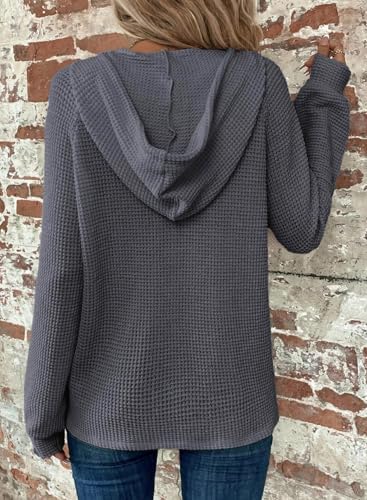 51diou1zp4l. ac .jpg Cuptacc Hoodie Damen Waffel Locker Kapuzenpullover Mit Knopfleiste V-Ausschnitt Langarm Pullover Für Damen Mit Kapuze