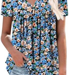 Generisch Plissee Blumen T-Shirt Damen Casual V-Ausschnitt - Lässig Oberteile für Plus Size mit Flair und Basic Design