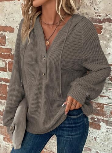 51ha8rftsel. ac .jpg Cuptacc Hoodie Damen Waffel Locker Kapuzenpullover Mit Knopfleiste V-Ausschnitt Langarm Pullover Für Damen Mit Kapuze