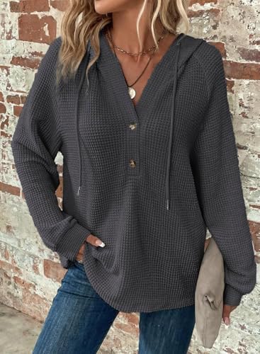 51hv4idctml. ac .jpg Cuptacc Hoodie Damen Waffel Locker Kapuzenpullover Mit Knopfleiste V-Ausschnitt Langarm Pullover Für Damen Mit Kapuze