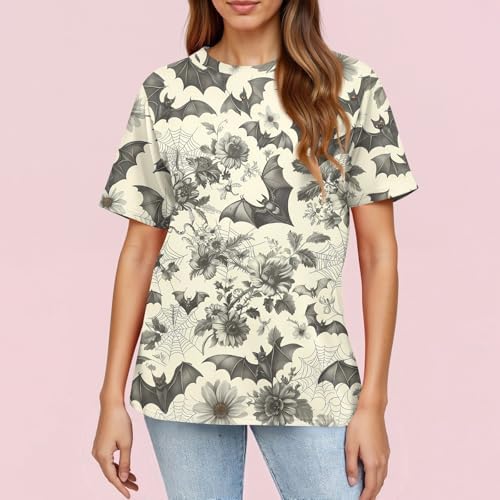 51i tqneagl. ac 1.jpg Generisch Halloween Damen Kurzarm Blutiges Witzig Trendy Blutspritzer Horror T-Shirts Kürbis-Fledermaus-Print Oberteil