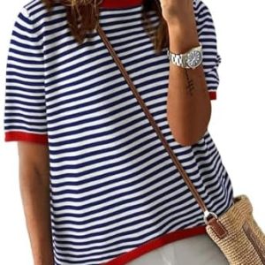 Cuptacc Baumwoll T-Shirt Damen Sommer Gestreift Elegant Weiß Schwarz