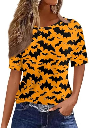 51k08cc22gl. ac 1.jpg Generisch Halloween Damen Kurzarm Blutiges Witzig Trendy Blutspritzer Horror T-Shirts Kürbis-Fledermaus-Print Oberteil