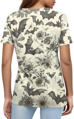 51kzzca07nl. ac 1.jpg Generisch Halloween Damen Kurzarm Blutiges Witzig Trendy Blutspritzer Horror T-Shirts Kürbis-Fledermaus-Print Oberteil