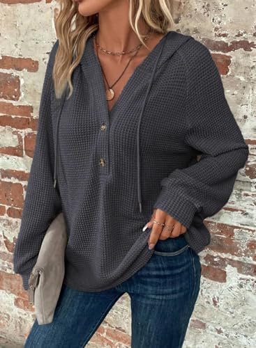 51m srw6ejl. ac .jpg Cuptacc Hoodie Damen Waffel Locker Kapuzenpullover Mit Knopfleiste V-Ausschnitt Langarm Pullover Für Damen Mit Kapuze