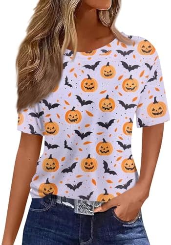 51nnr8koxkl. ac 1.jpg Generisch Halloween Damen Kurzarm Blutiges Witzig Trendy Blutspritzer Horror T-Shirts Kürbis-Fledermaus-Print Oberteil