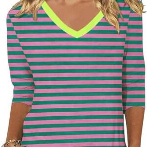 FDKLOOK Damen Sommer Streifentops 3/4 Loggerline V-Ausschnitt Cute Sport Oberteile