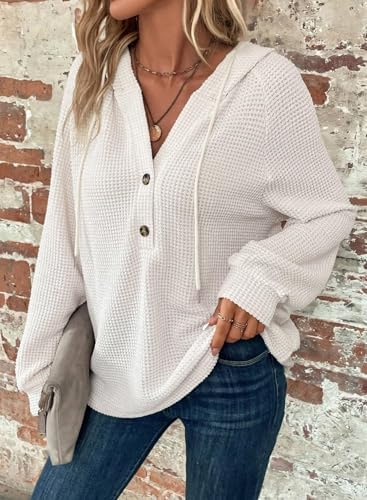 51ogwmtwkvl. ac .jpg Cuptacc Hoodie Damen Waffel Locker Kapuzenpullover Mit Knopfleiste V-Ausschnitt Langarm Pullover Für Damen Mit Kapuze
